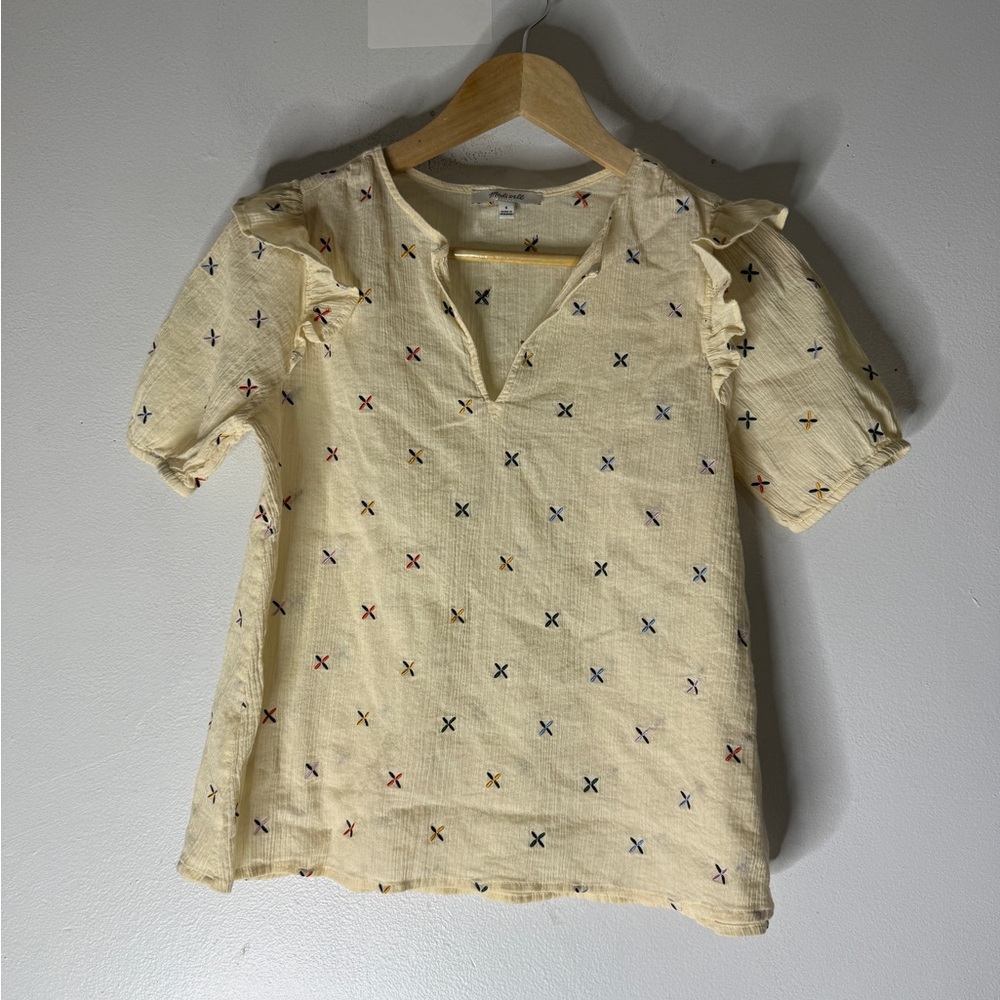 Madewell Embroidered Gazebo‎ Top Size Small Ivory Short Sleeve V Neck Gauze